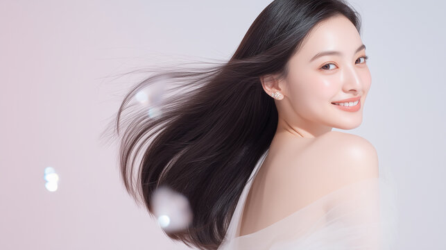 きらめく光と美しい髪の笑顔の女性の美容ポートレート　ヘアケア・スキンケア広告用