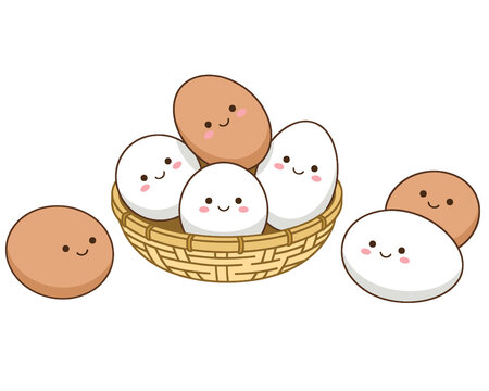Kawaii cute eggs character set in wicker basket funny brown and white egg cartoon mascot with smiley face for Easter decoration organic farming healthy food and cooking concept illustration.