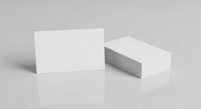 Stack of blank white business cards mockup on a reflective light gray surface