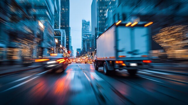 Delivery truck navigating city streets during rush hour