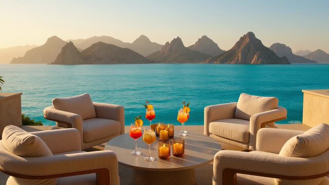 Enjoying drinks on a terrace with a view of mountains and ocean during sunset in a tropical setting