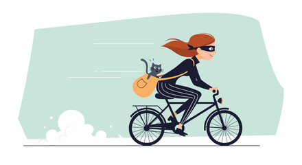 Fototapeta premium Mysterious female thief wearing a mask rides a bicycle with a surprised grey cat peeking out of her backpack during a fast getaway.