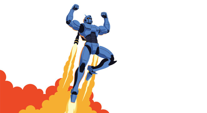 Powerful blue robotic super hero flying upwards with bright orange jet flames in a heroic action pose.
