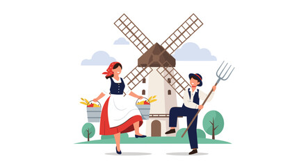 Fototapeta premium Happy couple wearing traditional folk costumes dances joyfully in front of a classic windmill while carrying buckets of grain and a pitchfork.