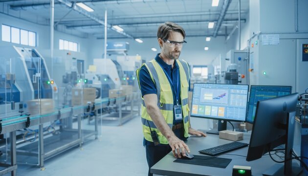 Industrial Innovation: A focused male engineer in a hi-vis vest monitors a production line on a computer screen within a modern factory, symbolizing advanced manufacturing and technological progress.