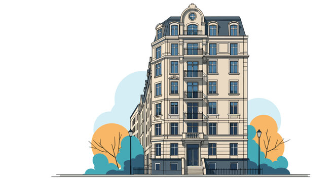 Classic European multi-story apartment building with balconies and elegant architecture stands beside street lamps and autumn trees in a city.