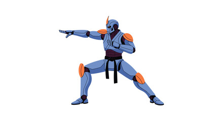 Fototapeta premium Futuristic robot ninja in blue armor stands in a powerful combat stance with orange glowing details for science fiction themes.