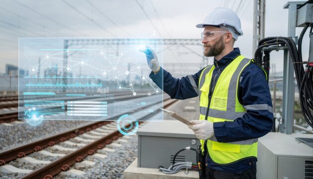 Engineer interacting with futuristic HUD interface: A construction engineer in safety gear uses a transparent holographic interface to monitor railway operations.
