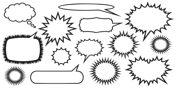Set of hand drawn comic speech bubbles and thought clouds in sketch style
