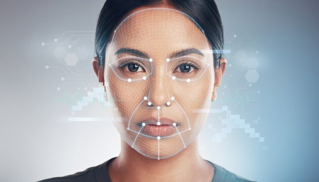 Facial Recognition Technology: A close-up portrait of a woman's face overlaid with a digital interface, showcasing facial recognition technology in action, symbolizing security and identification.