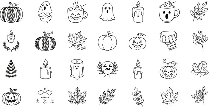 Hand-drawn autumn and Halloween doodle set featuring various pumpkin styles, ghost characters, maple leaves, candles, and cozy drink mugs in a minimalist black line art style.