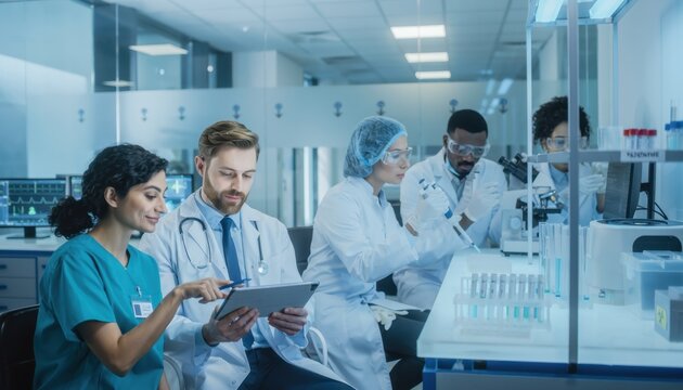 Scientists Collaborating in Modern Laboratory: A team of scientists, including doctors and researchers, are engaged in collaborative work within a cutting-edge laboratory.