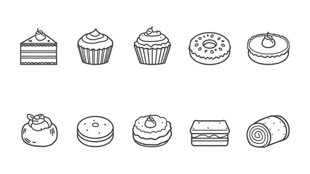 Sweet Delights: A collection of various delicious pastries, meticulously illustrated in a clean, minimalist style