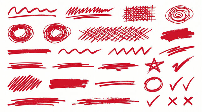 Red marker scribble lines set, hand drawn underline strokes, grunge doodle elements, PNG design pack
