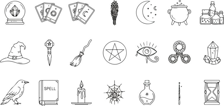 Witchcraft and mystical esoteric icon set featuring tarot cards, crystal ball, magic wand, spell book, raven, cauldron, and celestial symbols in a clean minimalist line art style.