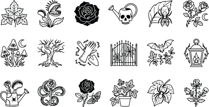 Gothic gardening and dark botanical icon set featuring Venus flytraps, roses with thorns, skulls, spiders, carnivorous plants, and spooky garden tools in a clean black line art style.