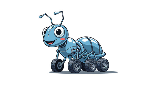 Cute blue cartoon ant robot character featuring six wheels instead of legs and large friendly eyes on a white background.