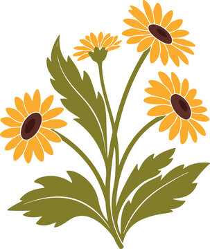 Floral Illustration with Yellow Orange Flowers Isolated on White