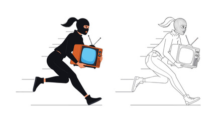 Obraz premium Female burglar wearing a black mask and outfit running away with a stolen television set in colored and outline styles.