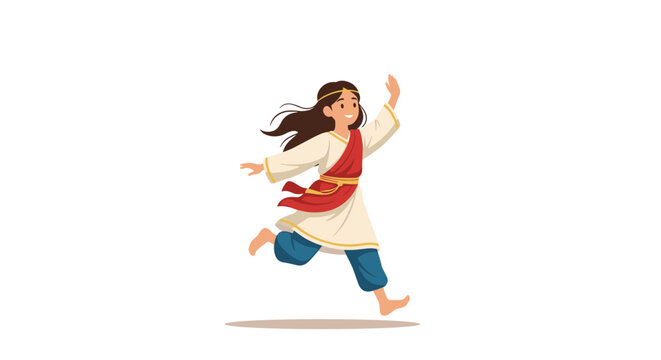 Young girl wearing traditional ancient Greek stola and red sash runs joyfully across an empty space against a clean white background.