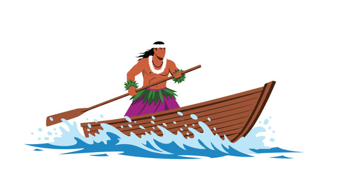 Traditional Hawaiian man wearing a flower garland and grass skirt rowing a long wooden canoe through ocean waves.