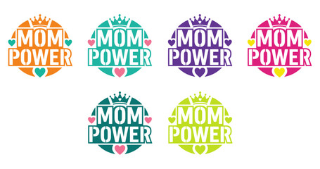 Mom Power typography design with crown and heart icons, vector illustration for Mother's Day t-shirt prints, greeting cards, and social media graphics © prettygfx