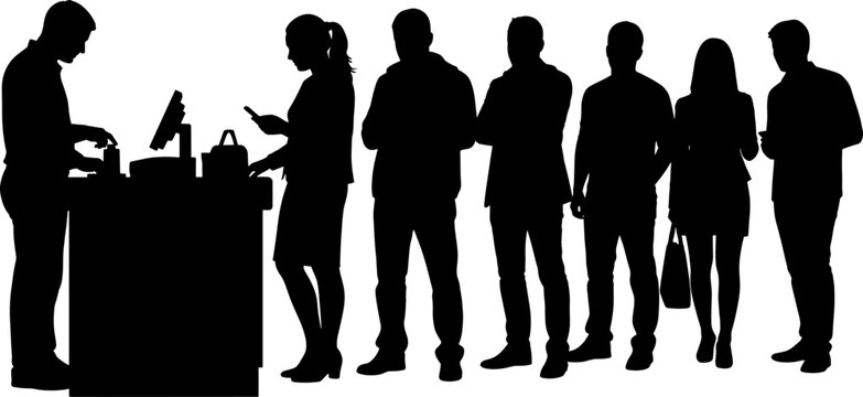 Crowd of people waiting in line at a service counter silhouette