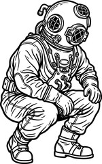 Fototapeta premium Deep sea diver in vintage heavy brass helmet suit