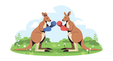 Obraz premium Two red kangaroos wearing boxing gloves facing each other in a grassy field to illustrate a competitive nature or boxing match.