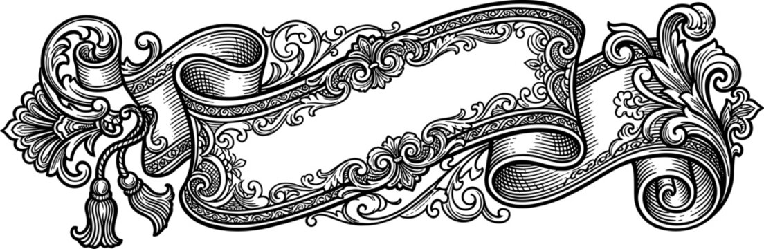 Decorative baroque scroll banner with ornate floral borders