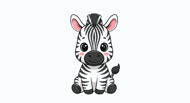 Adorable baby zebra sitting on the ground with large curious eyes and a friendly smile against a clean plain white background.