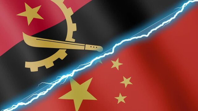 Two waving flags Angola and China with diagonal lightning seamless, 4k loop