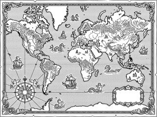 Obraz premium Detailed vintage world map with mermaids and ships
