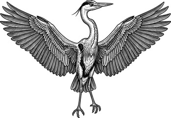 Fototapeta premium Displaying heron with fully expanded wings in a traditional line art style