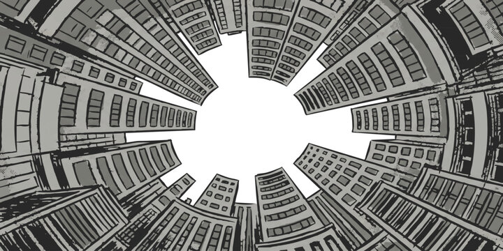 Low angle view of tall city skyscrapers looking up at the sky in a circle pattern