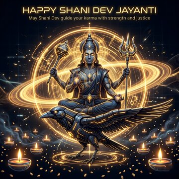 Divine shani dev seated on crow vahana amidst glowing cosmic rings and diya lamps celebrating jayanti