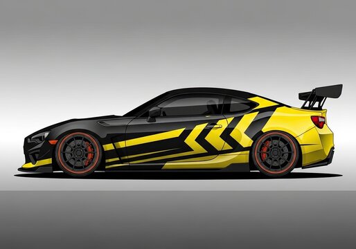 Modern sports car with yellow and black racing livery design