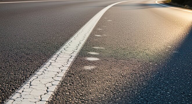 Close-Up View of a Cracked Road with Reflective Markings, Urban Environment, Photography