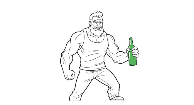 Strong muscular man with a beard wearing a tank top and holding a green glass bottle in a black and white outline.