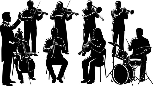 Full symphonic orchestra with conductor in black silhouette