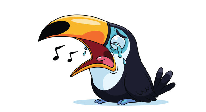 Sad cartoon toucan crying with tears and musical notes suggesting a mournful song against a clean white background.