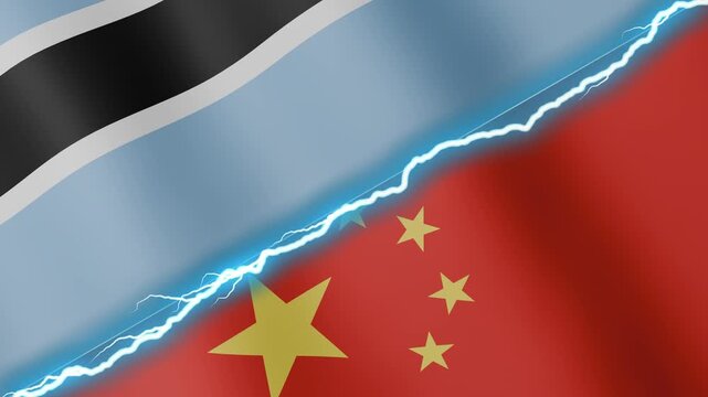 Two waving flags Botswana and China with diagonal lightning seamless, 4k loop