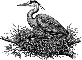 Fototapeta premium Great blue heron tending to eggs in a stick nest illustration
