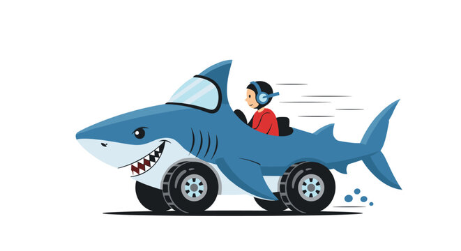 Young boy wearing headphones driving a fast car shaped like a blue shark with wheels and large sharp teeth.