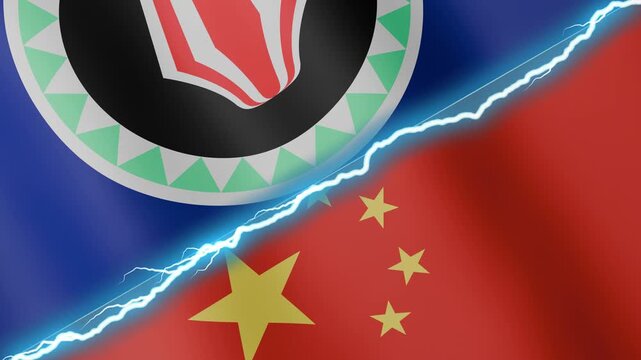 Two waving flags Bougainville and China with diagonal lightning seamless, 4k loop