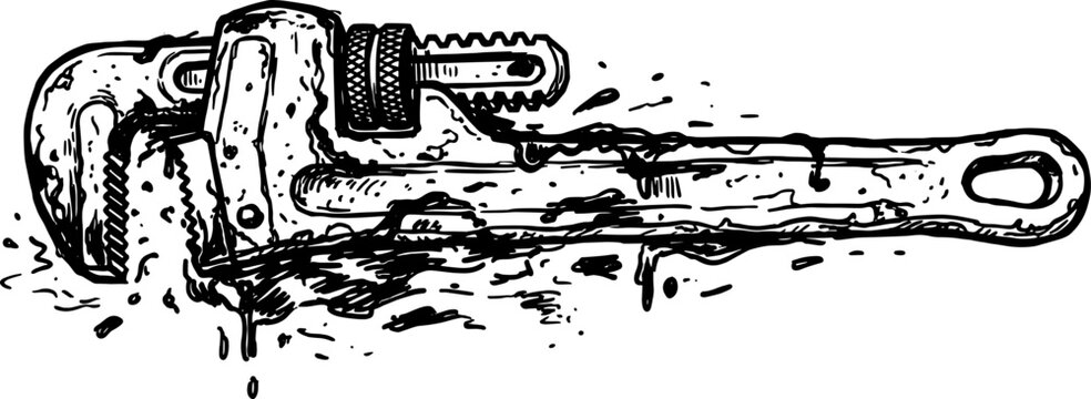 Grungy pipe wrench illustration covered in oil splashes and grime