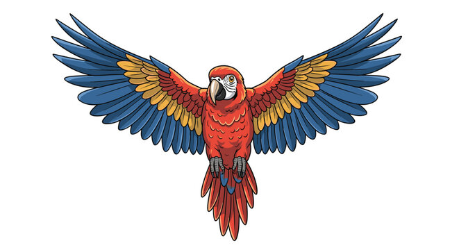 Colorful scarlet macaw parrot in flight with wide spread wings displaying vibrant red yellow and blue feathers against white.