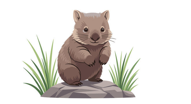 Cute cartoon wombat character standing on a grey rock surrounded by green grass blades against a plain white background.