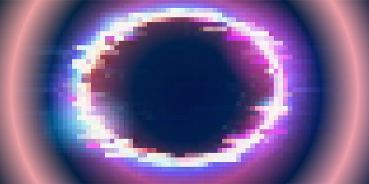 Glitch frame ring with bug distortion and cyan red digital artifacts for futuristic interface. Circular border with noise lines and data corruption effects. Cyberpunk design for tech game overlays.