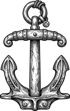 Heavy nautical anchor with rope and weathered wooden crossbar texture